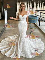 White Mermaid Lace Puff Sleeve Wedding Dress