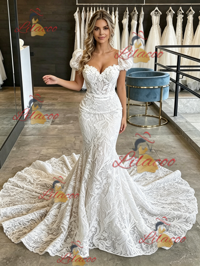 White Mermaid Lace Puff Sleeve Wedding Dress