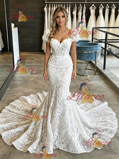 White Mermaid Lace Puff Sleeve Wedding Dress