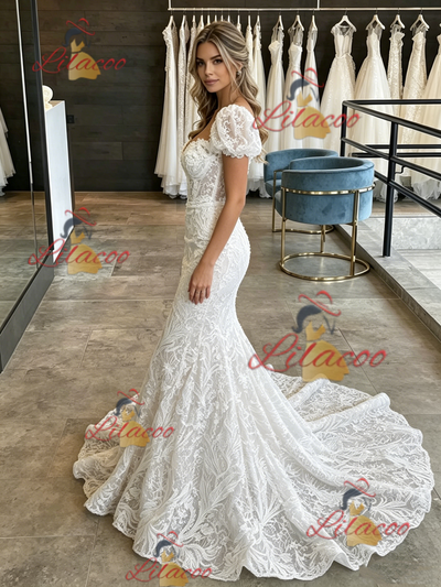 White Mermaid Lace Puff Sleeve Wedding Dress