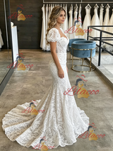 White Mermaid Lace Puff Sleeve Wedding Dress