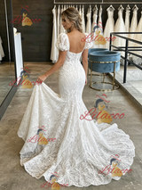 White Mermaid Lace Puff Sleeve Wedding Dress