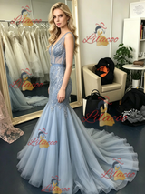 Blue Gray Mermaid Tulle Prom Dress