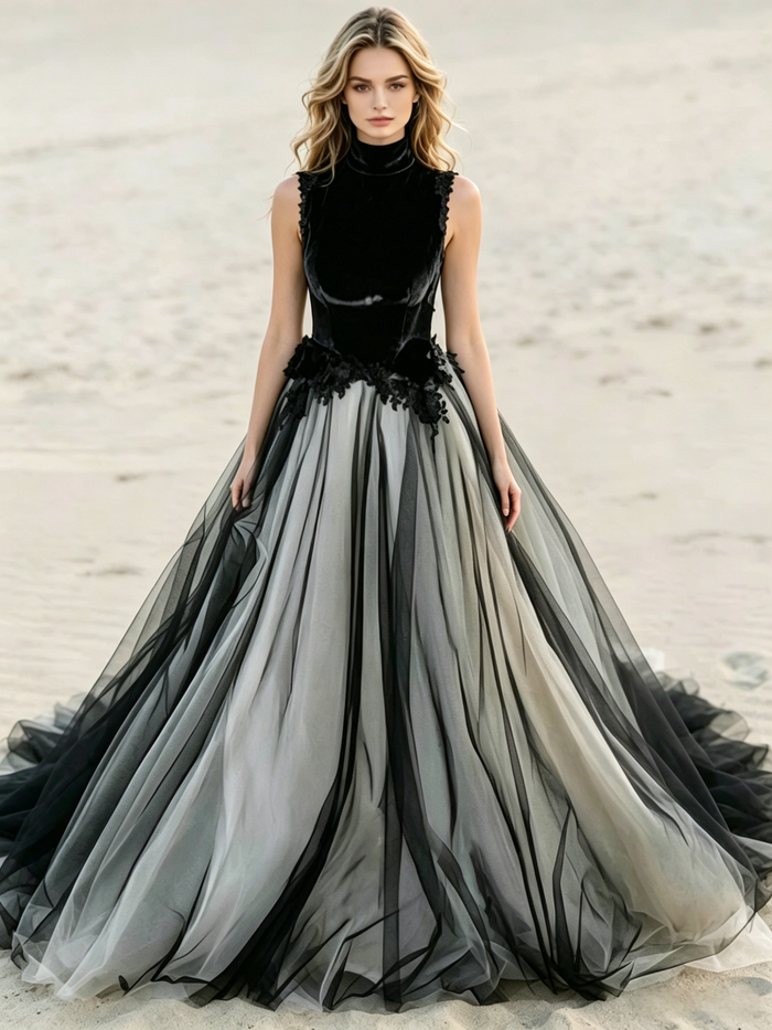 Black Tulle High Neck Appliques Wedding Dress