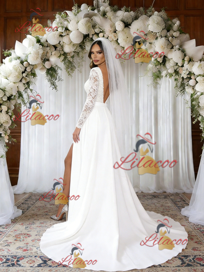 White Lace Long Sleeve V-neck Wedding Dress