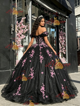Black Tulle Off the Shoulder Appliques Quinceanera Dress