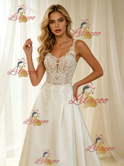 Beige White Satin Straps Appliques Wedding Dress