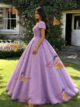 Purple V-neck Short Sleeve Appliques Quinceanera Dress