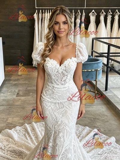 White Mermaid Lace Puff Sleeve Wedding Dress