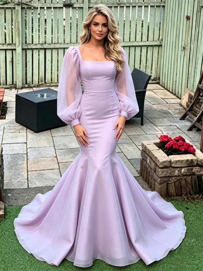Purple Mermaid Long Sleeve Prom Dress