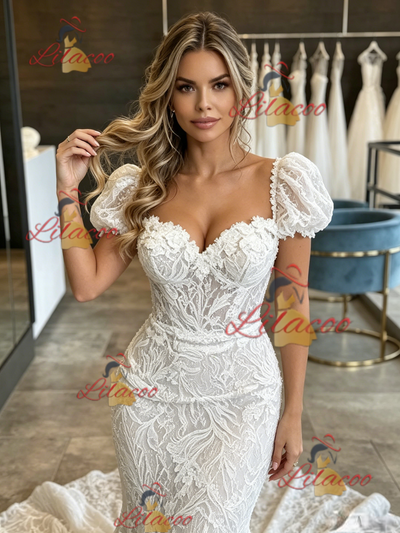 White Mermaid Lace Puff Sleeve Wedding Dress