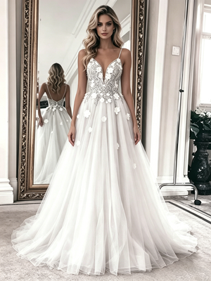 White Tulle Lace Spagheti Straps Wedding Dress