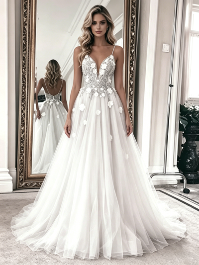 White Tulle Lace Spagheti Straps Wedding Dress