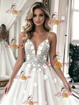 White Tulle Lace Spagheti Straps Wedding Dress