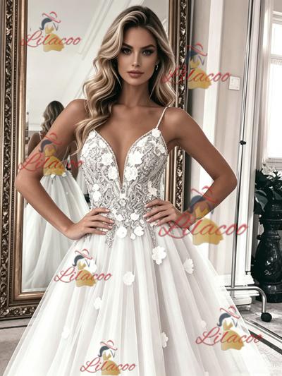 White Tulle Lace Spagheti Straps Wedding Dress