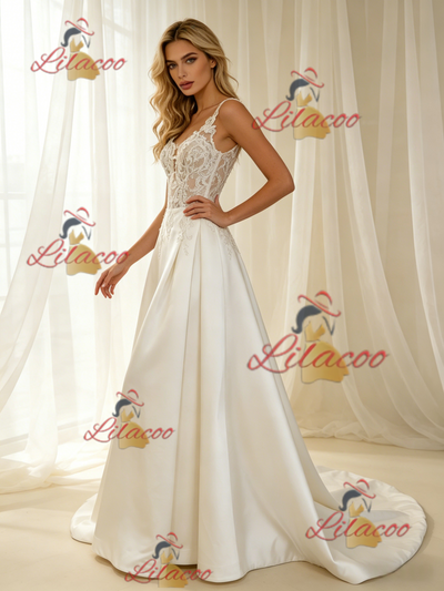 Beige White Satin Straps Appliques Wedding Dress