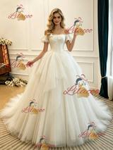 Beige White Tulle Off the Shoulder Wedding Dress