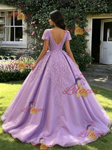 Purple V-neck Short Sleeve Appliques Quinceanera Dress