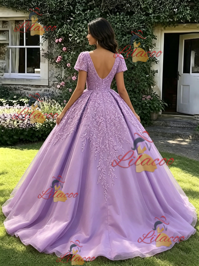 Purple V-neck Short Sleeve Appliques Quinceanera Dress