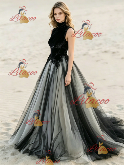 Black Tulle High Neck Appliques Wedding Dress