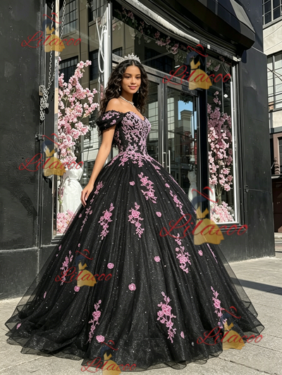 Black Tulle Off the Shoulder Appliques Quinceanera Dress