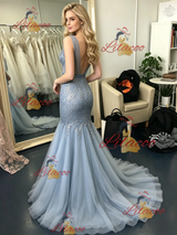 Blue Gray Mermaid Tulle Prom Dress