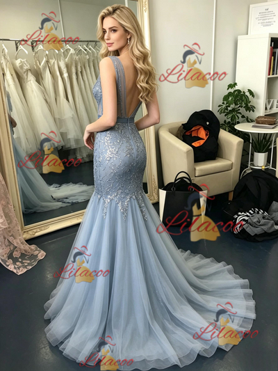 Blue Gray Mermaid Tulle Prom Dress