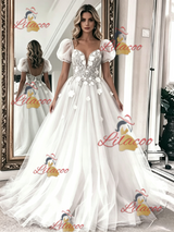 White Tulle Lace Puff Sleeve Flower Wedding Dress