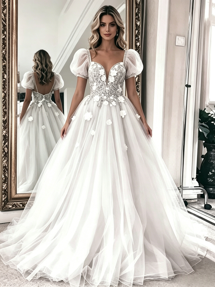 White Tulle Lace Puff Sleeve Flower Wedding Dress