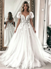 White Tulle Lace Puff Sleeve Flower Wedding Dress