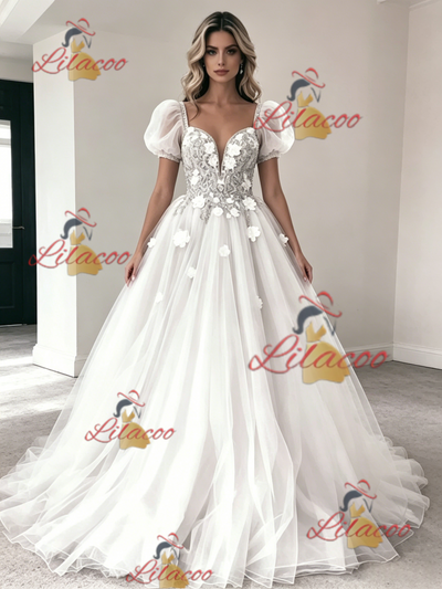 White Tulle Lace Puff Sleeve Flower Wedding Dress