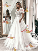 White Tulle Lace Puff Sleeve Flower Wedding Dress