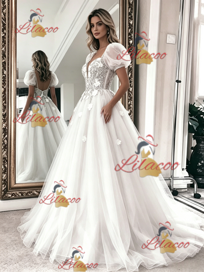 White Tulle Lace Puff Sleeve Flower Wedding Dress
