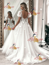 White Tulle Lace Puff Sleeve Flower Wedding Dress