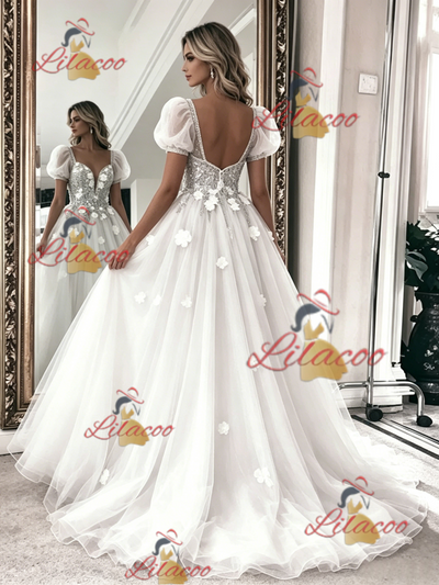 White Tulle Lace Puff Sleeve Flower Wedding Dress