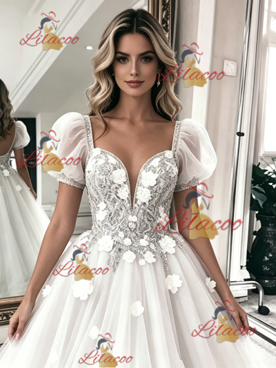 White Tulle Lace Puff Sleeve Flower Wedding Dress
