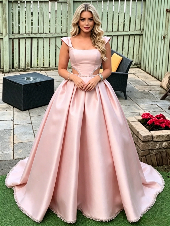 Pink Satin Straps Beading Prom Dress