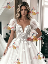 White Tulle Lace Puff Sleeve Flower Wedding Dress