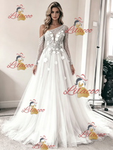 White Tulle Long Sleeve Flower Wedding Dress