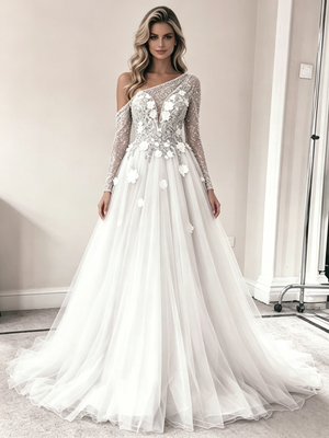 White Tulle Long Sleeve Flower Wedding Dress