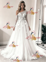 White Tulle Long Sleeve Flower Wedding Dress