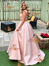 Pink Satin Straps Beading Prom Dress