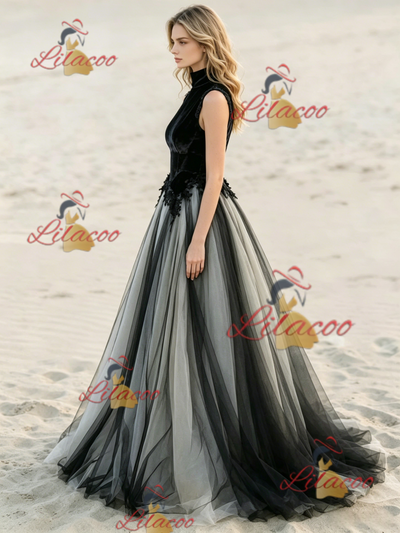 Black Tulle High Neck Appliques Wedding Dress