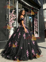 Black Tulle Off the Shoulder Appliques Quinceanera Dress