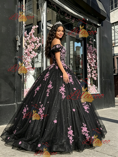 Black Tulle Off the Shoulder Appliques Quinceanera Dress