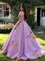 Purple V-neck Short Sleeve Appliques Quinceanera Dress