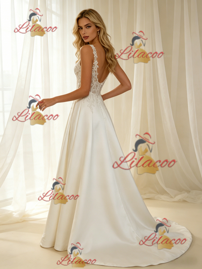 Beige White Satin Straps Appliques Wedding Dress