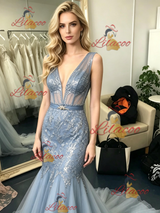 Blue Gray Mermaid Tulle Prom Dress