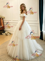 Beige White Tulle Off the Shoulder Wedding Dress