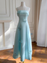 Blue Spaghetti Straps 3D Flower Prom Dress